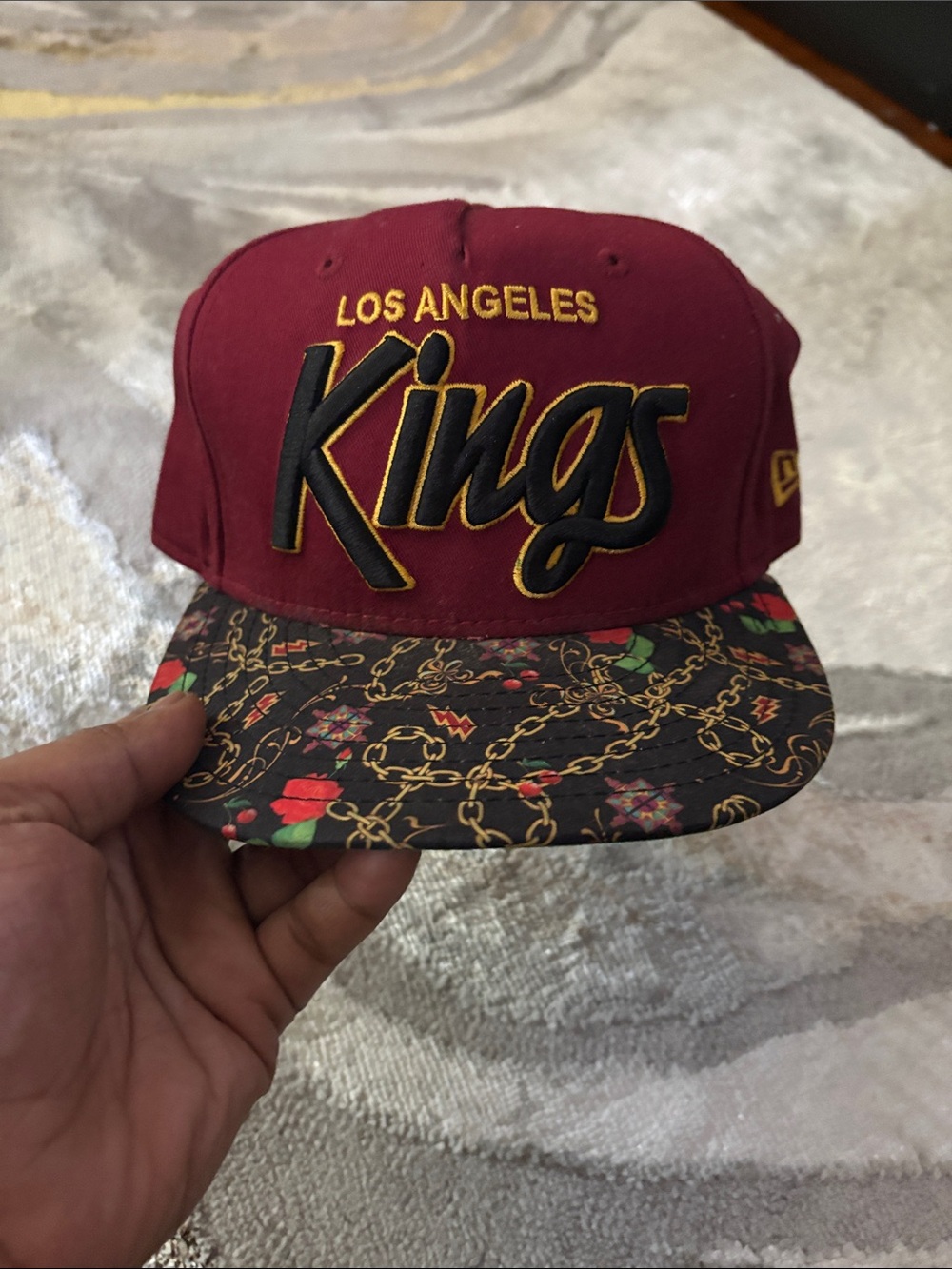 New Era Los Angeles Kings Burgundy Snapback with Patterned Brim
